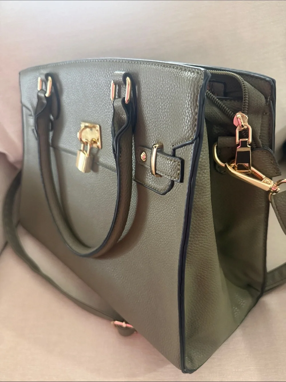 Classic Structured Tote Handbag in Olive Green with Gold Hardware